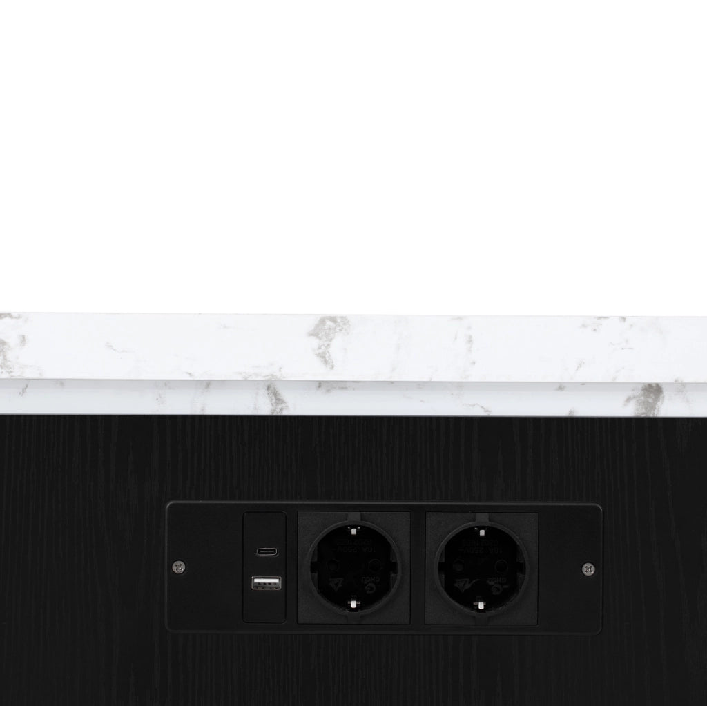Tavolo estraibile 125.5x71x93 cm con LED; piano effetto marmo e ruote nascoste in MDF nero