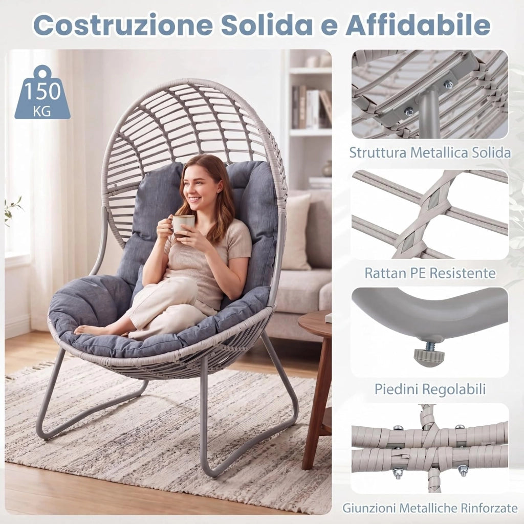 Poltrona da Giardino in PE Rattan, Sedia Relax a Nido con Cuscino Imbottito, Sedile Ampio e Telaio in Metallo, Poltrona per Lettura, Lounge e Riposo, per Esterno e Interno, Max 150 kg, Grigio