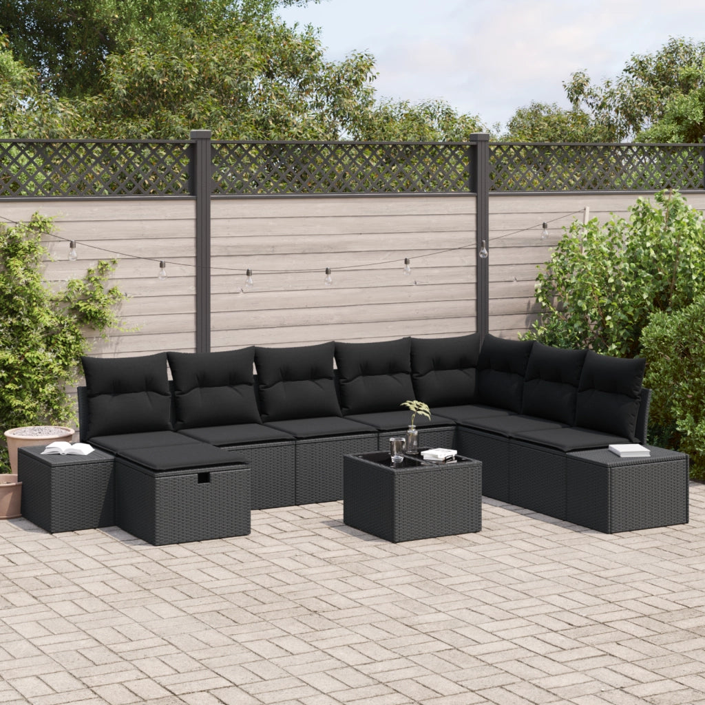 Set Divano da Giardino 9 Pezzi con Cuscini Nero Polyrattan