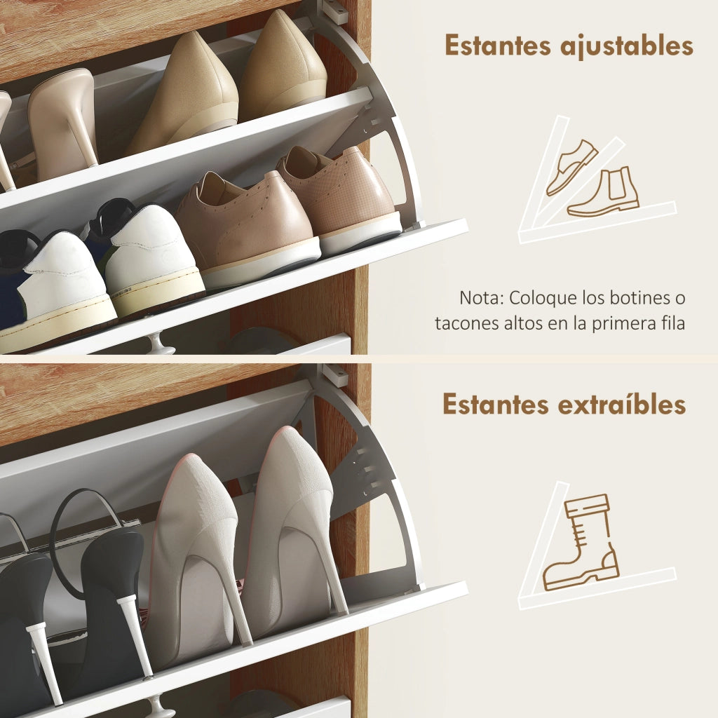 Mobiletto per Scarpe con 2 Ante e Ripiani Regolabili ¨C Zephmum ¨C 60x24.5x75.5 cm Legno Naturale e Bianco