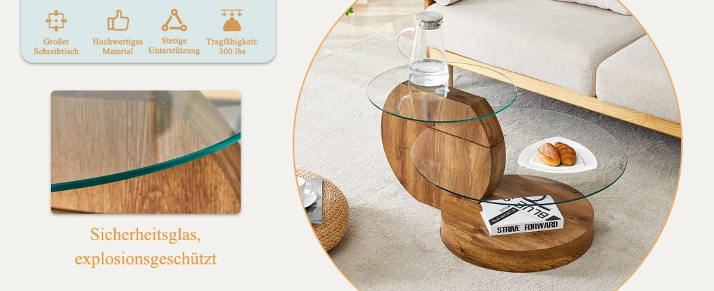 Tavolino da caffè moderno in vetro temperato con supporto in MDF e design multi-livello, finiture effetto legno