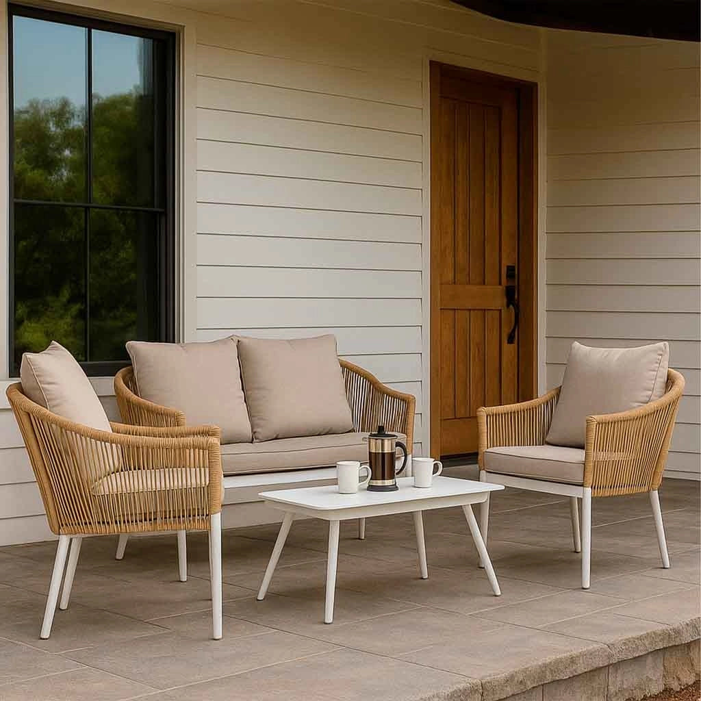 Set tavolo, divano e 2 poltrone beige 90x50x40, 58x65x84, 117x65x84