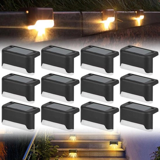 Set di 12 lampade esterne alimentate a energia solare, progettate per essere idrorepellenti, adatte per giardini, terrazze e marciapiedi, con luce bianca calda, anche adatte per balconi e recinzioni.