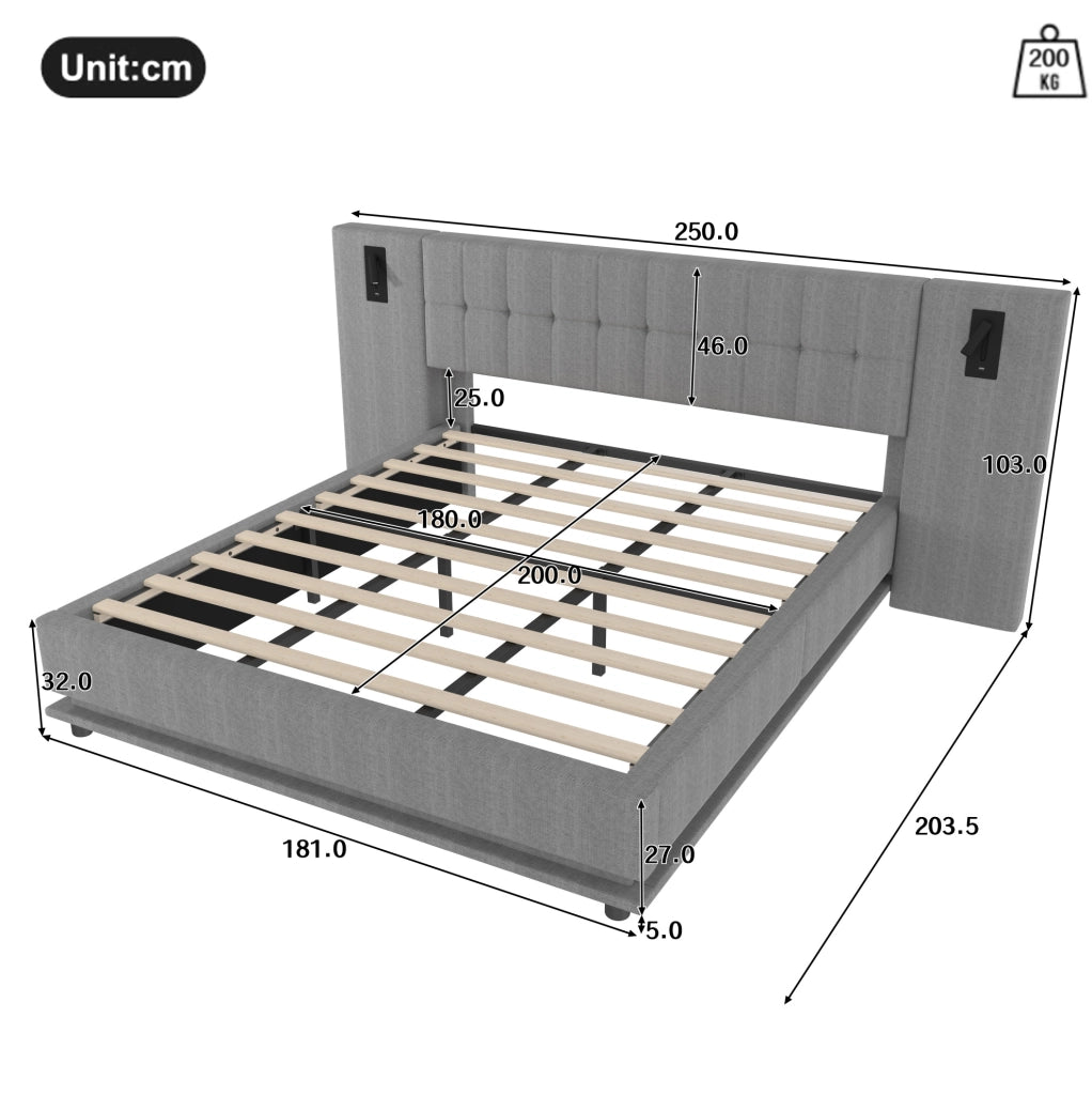 Letto imbottito con LED, USB e luce spot, 180 x 200 cm, grigio