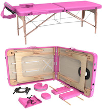 LETTINO MASSAGGIO PROFESSIONALE 2 ZONE - LETTINO MASSAGGI,LETTINO ESTETISTA FISIOTERAPIA,TATTOO, IN LEGNO PORTATILE RICHIUDIBILE (ROSA)