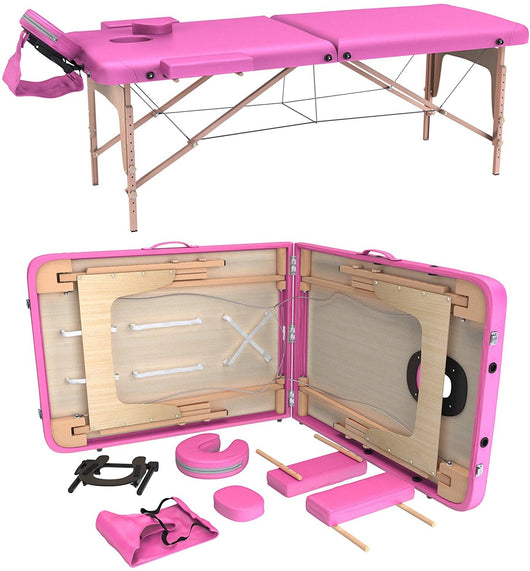 LETTINO MASSAGGIO PROFESSIONALE 2 ZONE - LETTINO MASSAGGI,LETTINO ESTETISTA FISIOTERAPIA,TATTOO, IN LEGNO PORTATILE RICHIUDIBILE (ROSA)