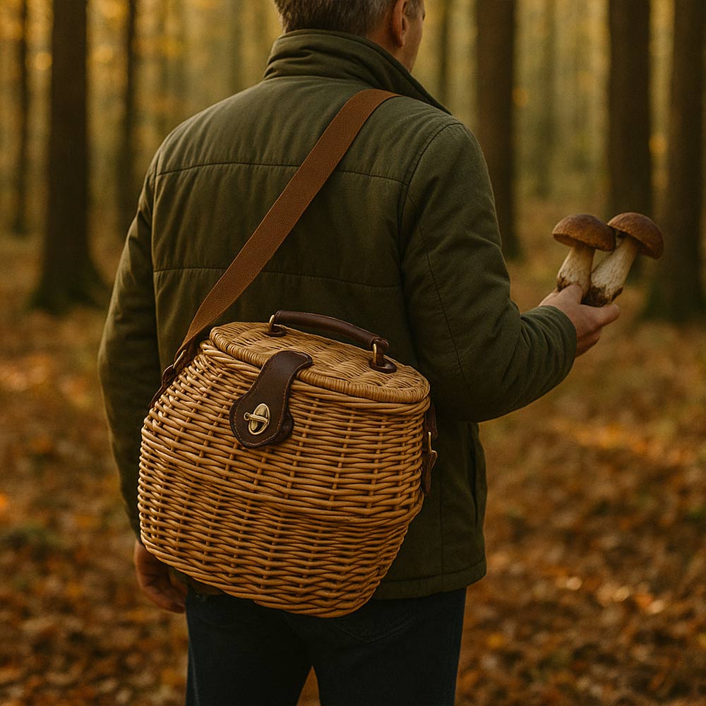 Cesto funghi ,cestino in vimini con tracolla cm 29 x 25 x h 28