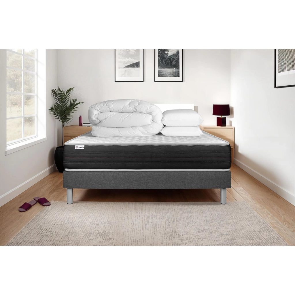Pacchetto letto completo - Materasso 140x190cm + Box spring con doghe (in kit) + 2 cuscini + Piumino - Vitalmemo One