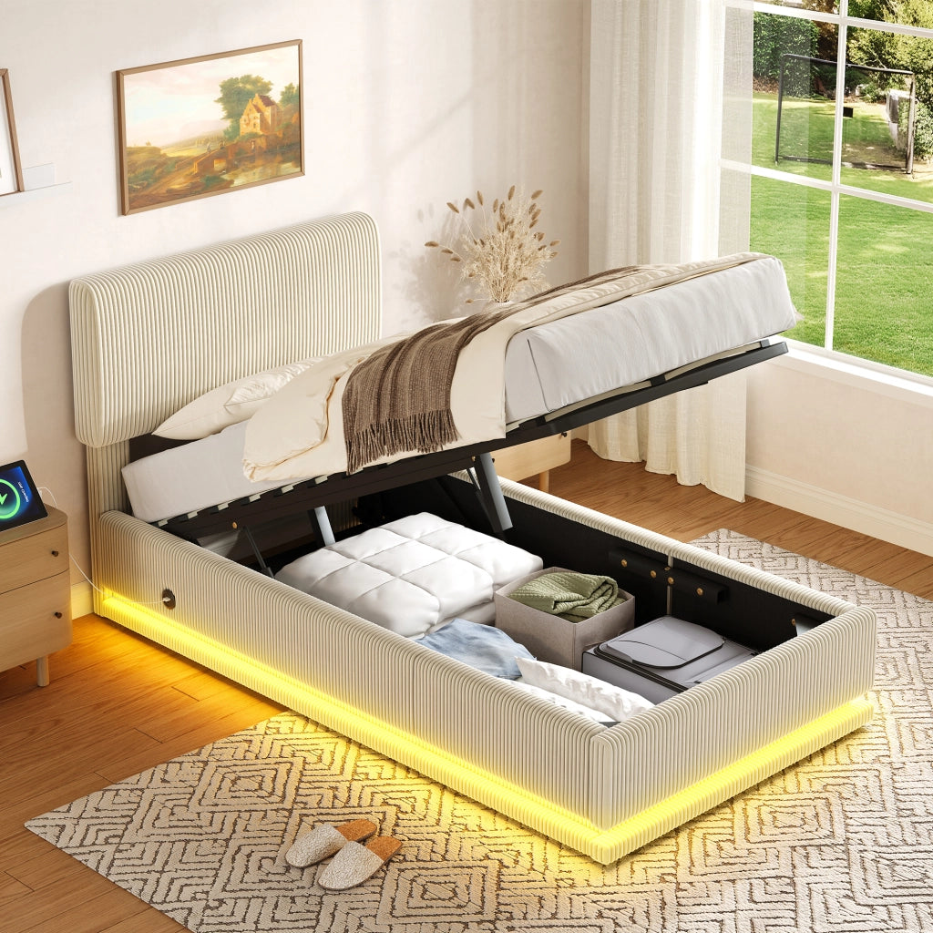 Letto imbottito con LED USB regolabile 90x200 cm velluto a coste beige
