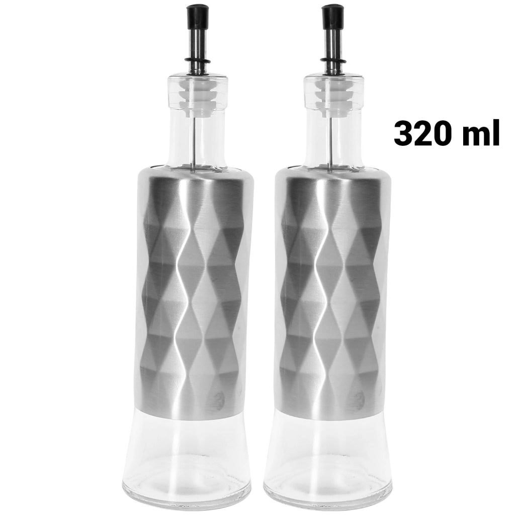 Bottiglie in acciaio inox e vetro per olio e aceto, 2 x 320 ml, con supporto solido Argento Cheffinger