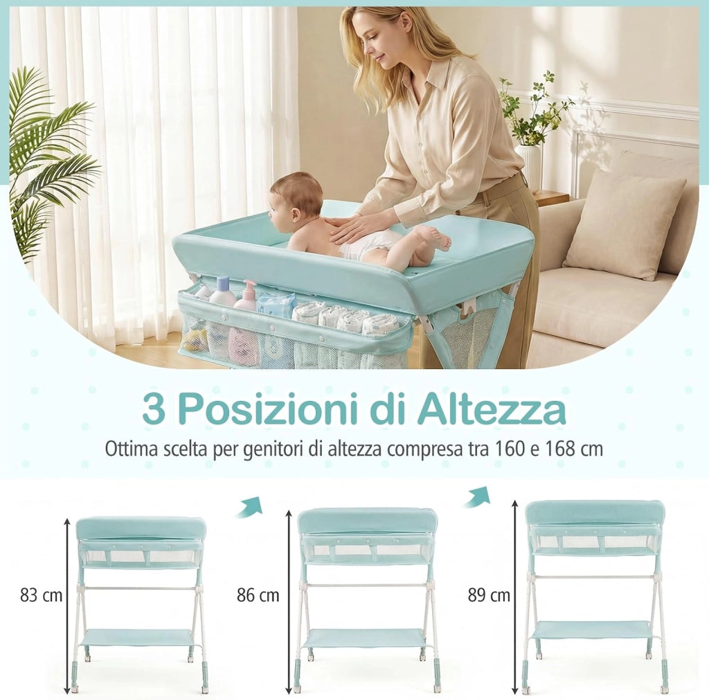 Fasciatoio Pieghevole per Bambini, Fasciatoio Portatile con Altezza Regolabile a 3 Livelli, Fasciatoio Neonato con Ruote di Bloccabili, Ripiano, Porta Asciugamani, per 0-12 Mesi (Verde)