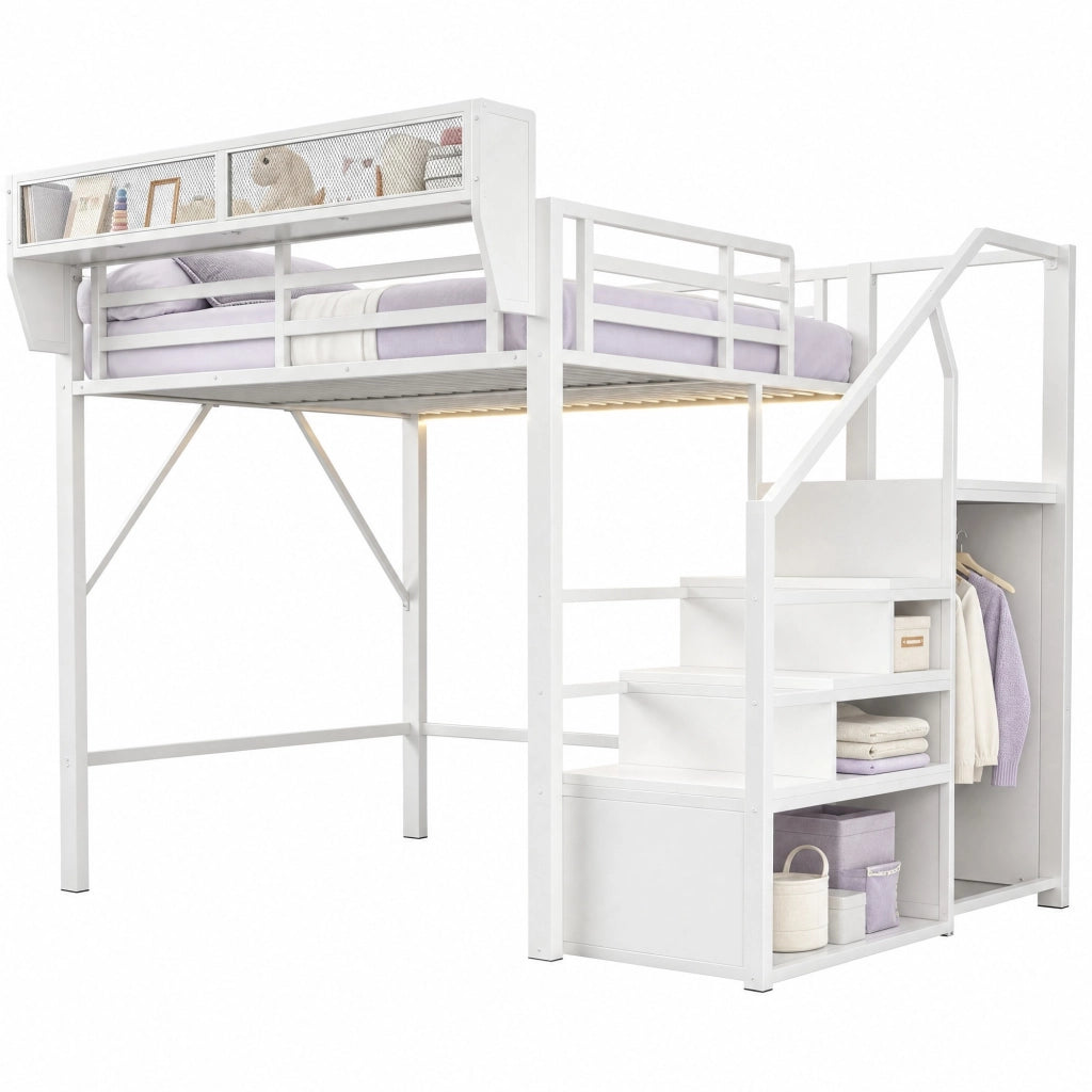 Letto a soppalco 140x200 cm in metallo con LED, scala di sicurezza e ripiano flessibile, bianco