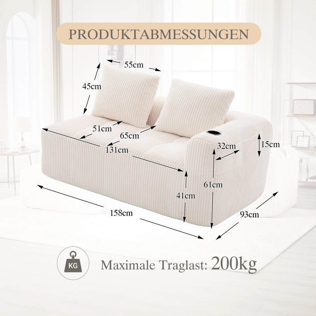 Divano a 2 posti in tessuto a coste beige con tasche laterali e portabicchieri 158 x 93 x 61 cm