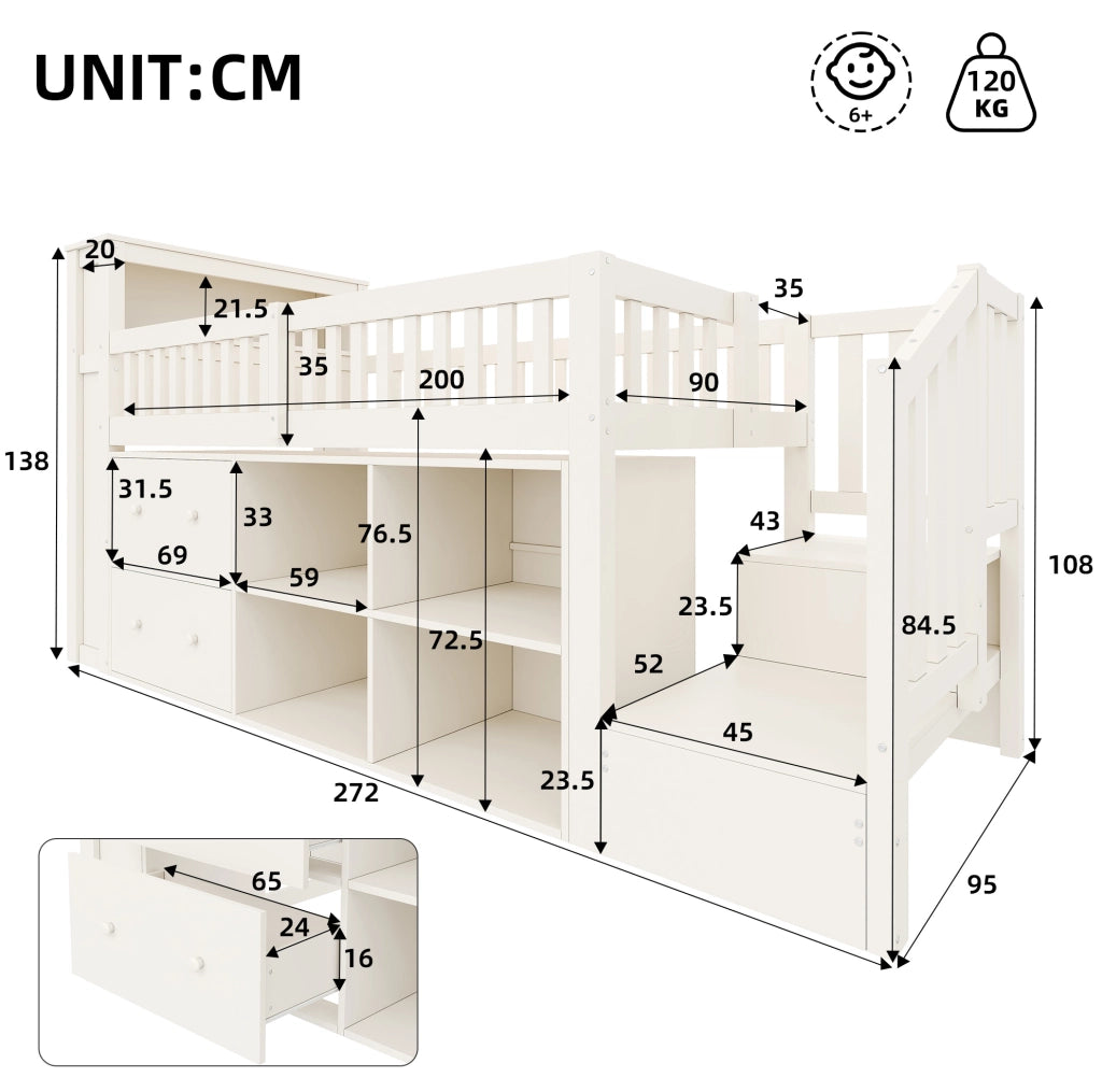 LETTO Semialto 90x200 cm con Scrivania, Ripiani, LED e USB Bianco