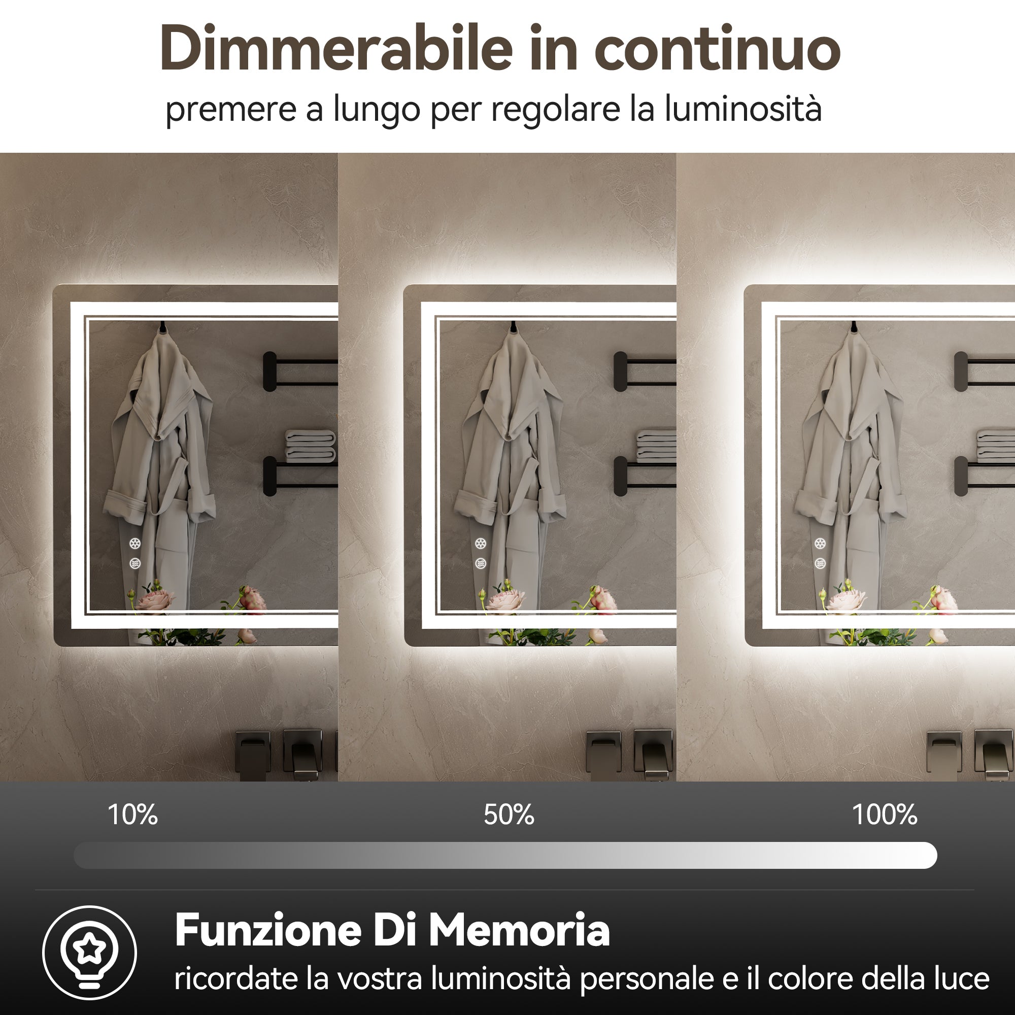 Specchio da Bagno LED 50x70cm - RATTANTREE - Specchio per il Trucco con Illuminazione a 3 colore con controllo a sfioramento - Specchio da Bagno Antiappannamento