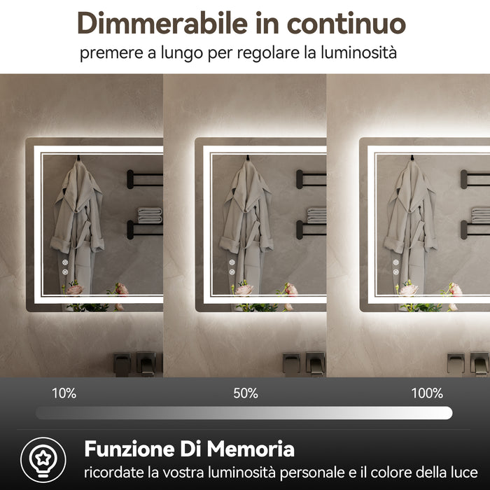 Specchio da Bagno LED 50x70cm - RATTANTREE - Specchio per il Trucco con Illuminazione a 3 colore con controllo a sfioramento - Specchio da Bagno Antiappannamento