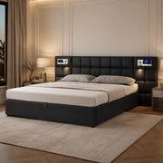 Letto imbottito 180x200 cm con USB, ricarica wireless, luce e contenitore, PU nero