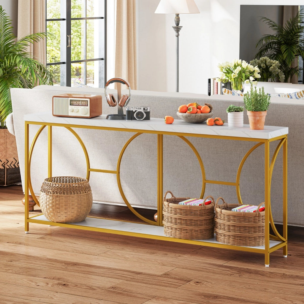 Tavolo console a 2 livelli con superficie in marmo finto, Tavolo console stretto da 180 cm per ingresso Bianco + Oro-Consolle