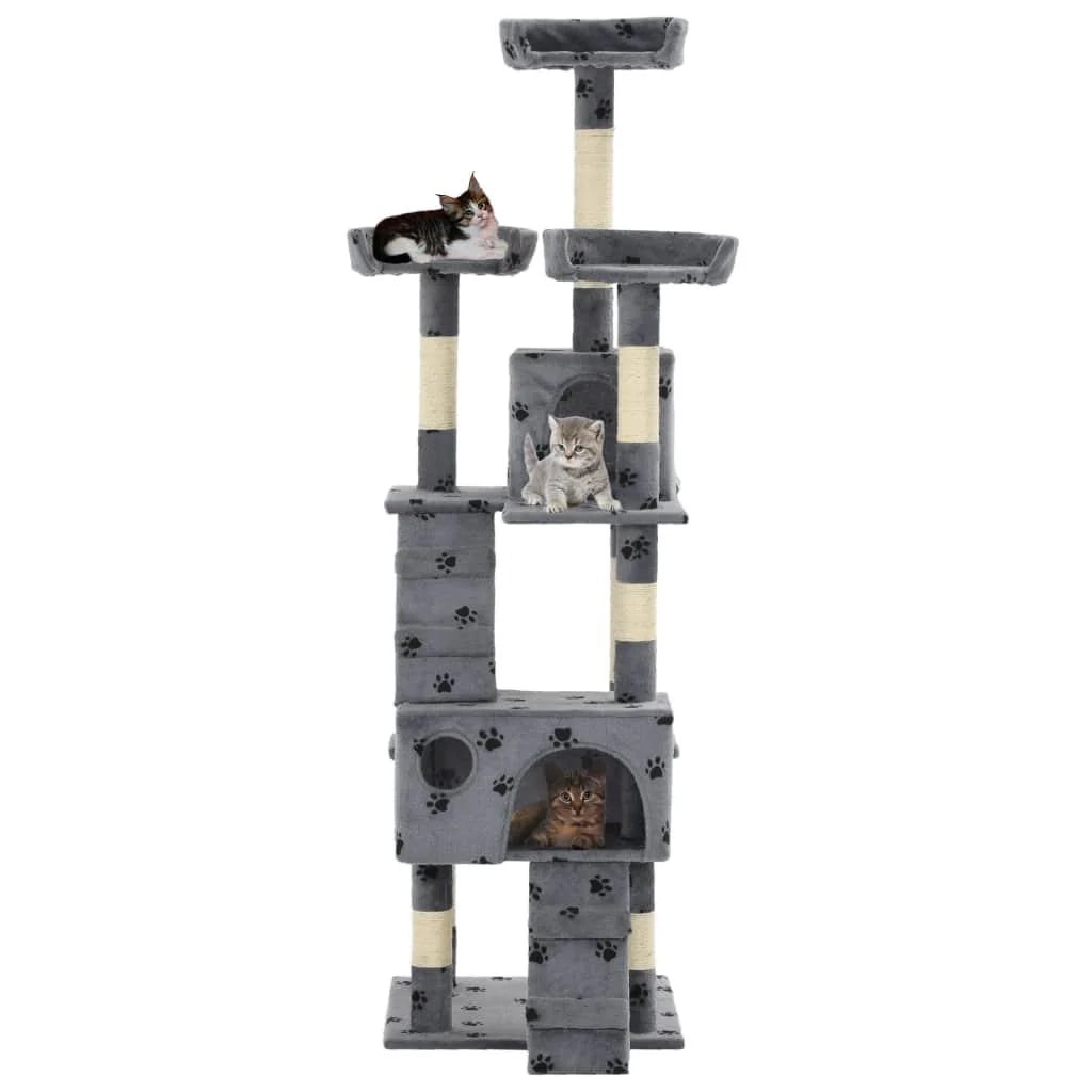 Tiragraffi albero per gatti cuccia per gatti giocattolo peluche sisal 170 cm impronte di zampe grigio 3702079