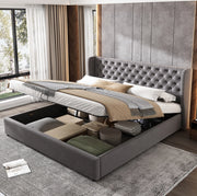 Letto imbottito contenitore 160x200 in velluto grigio; testiera alta 99 cm