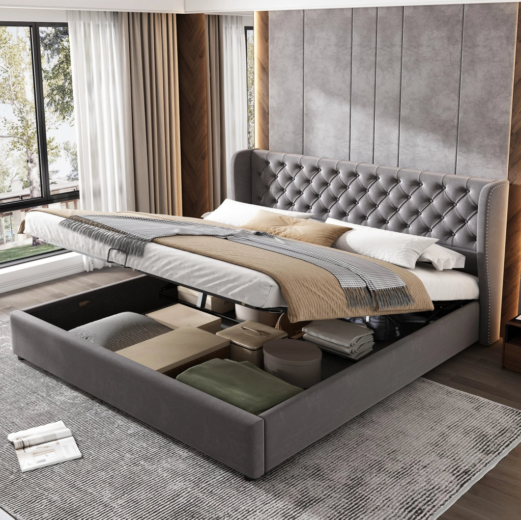 Letto imbottito contenitore 160x200 in velluto grigio; testiera alta 99 cm