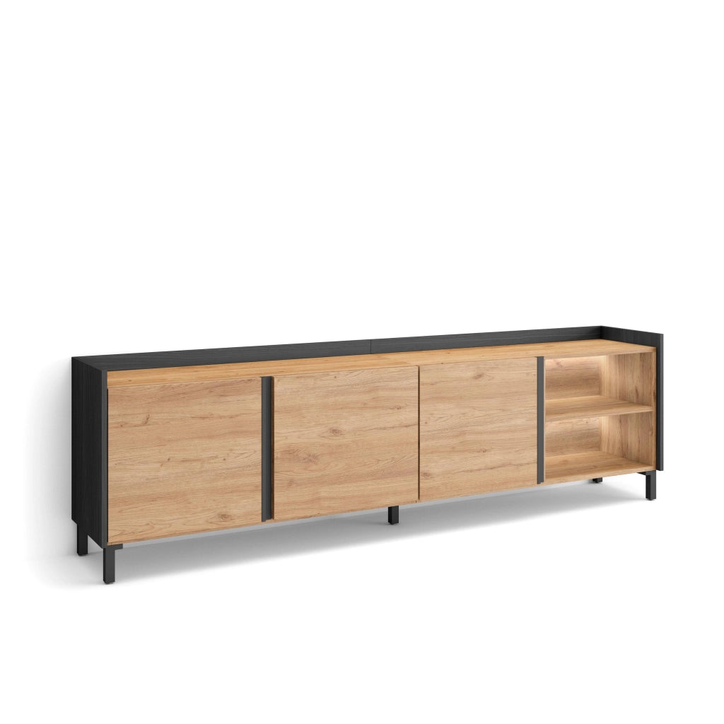 Mobile TV Soggiorno, 207x61x35 cm, Per TV fino a 80", Design industriale, LED, Rovere e nero