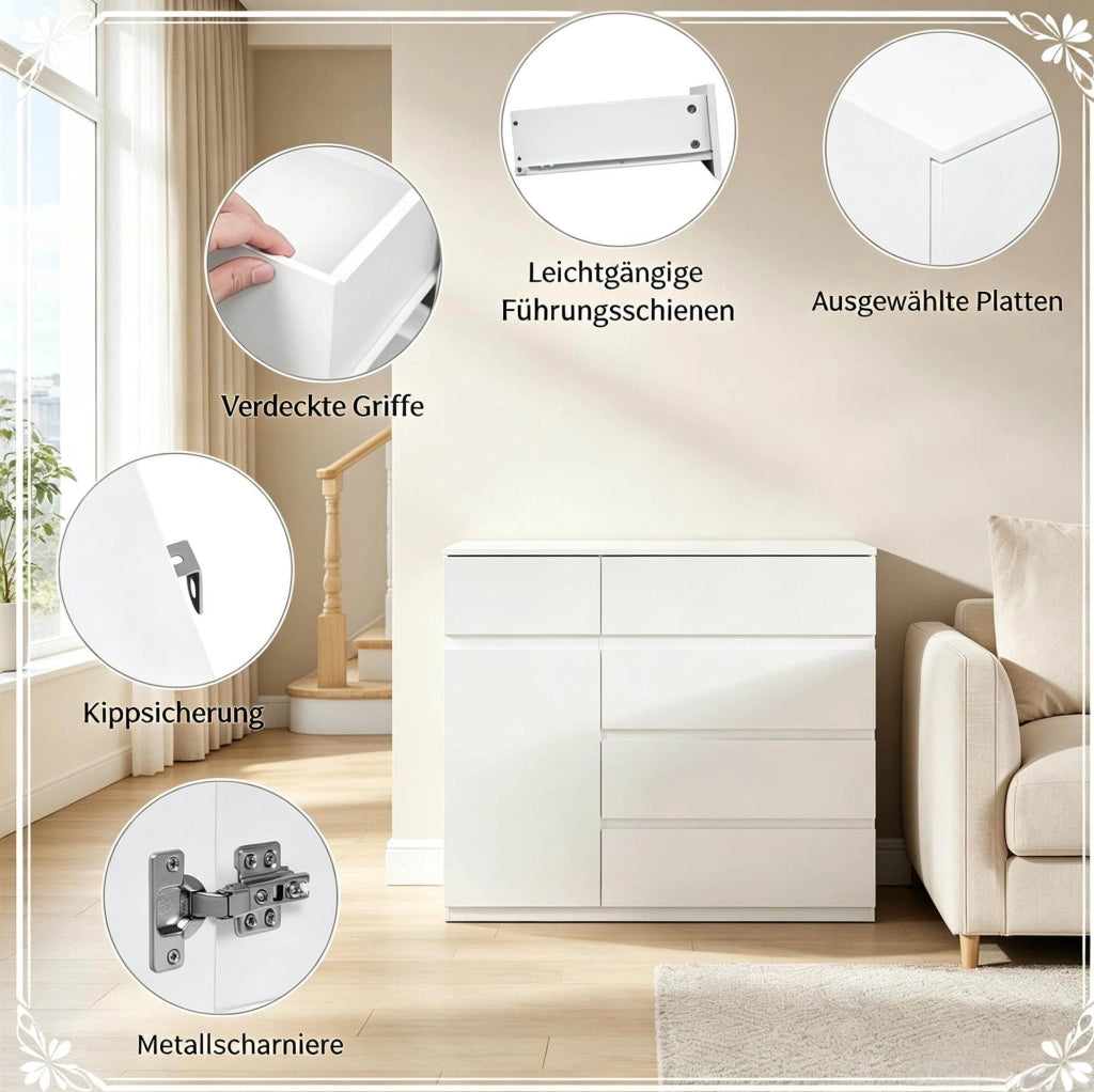 Mobile contenitore bianco con 5 cassetti e armadietto; 100 x 40 x 80 cm