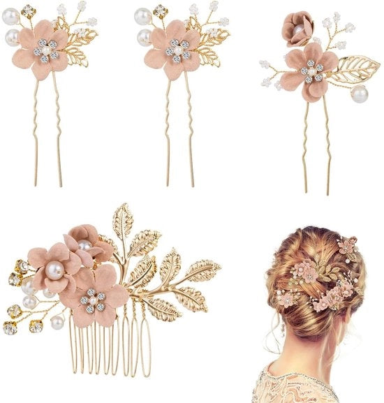 Set di pettini per capelli da 4 pezzi - Pettini d'oro con perle/strass - Capigliatura elegante per la sposa - Accessori per capelli per donne - Accessorio per capelli elegante per festa/gala