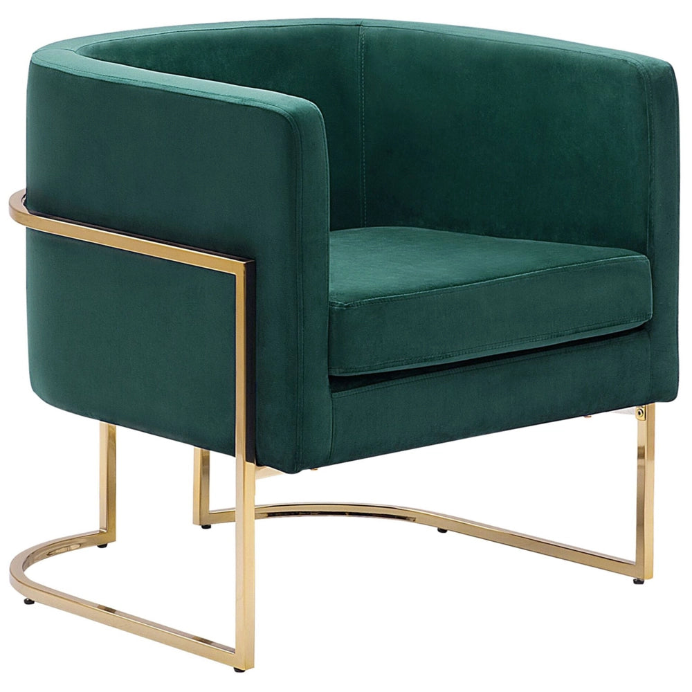 Poltrona Velluto Verde Scuro Struttura In Metallo Dorato Con Schienale Tondo Stile Glam