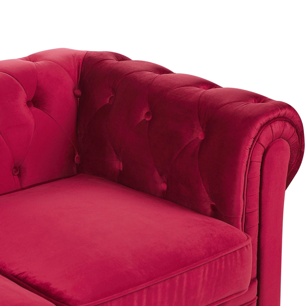 Divano Chesterfield Tessuto Velluto Rosso Scuro Rivestimento Gambe Nere 3 Posti