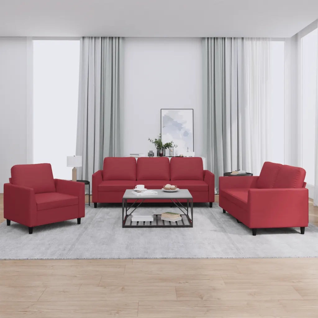 Set di Divani 3 pz con Cuscini Rosso Vino in Similpelle