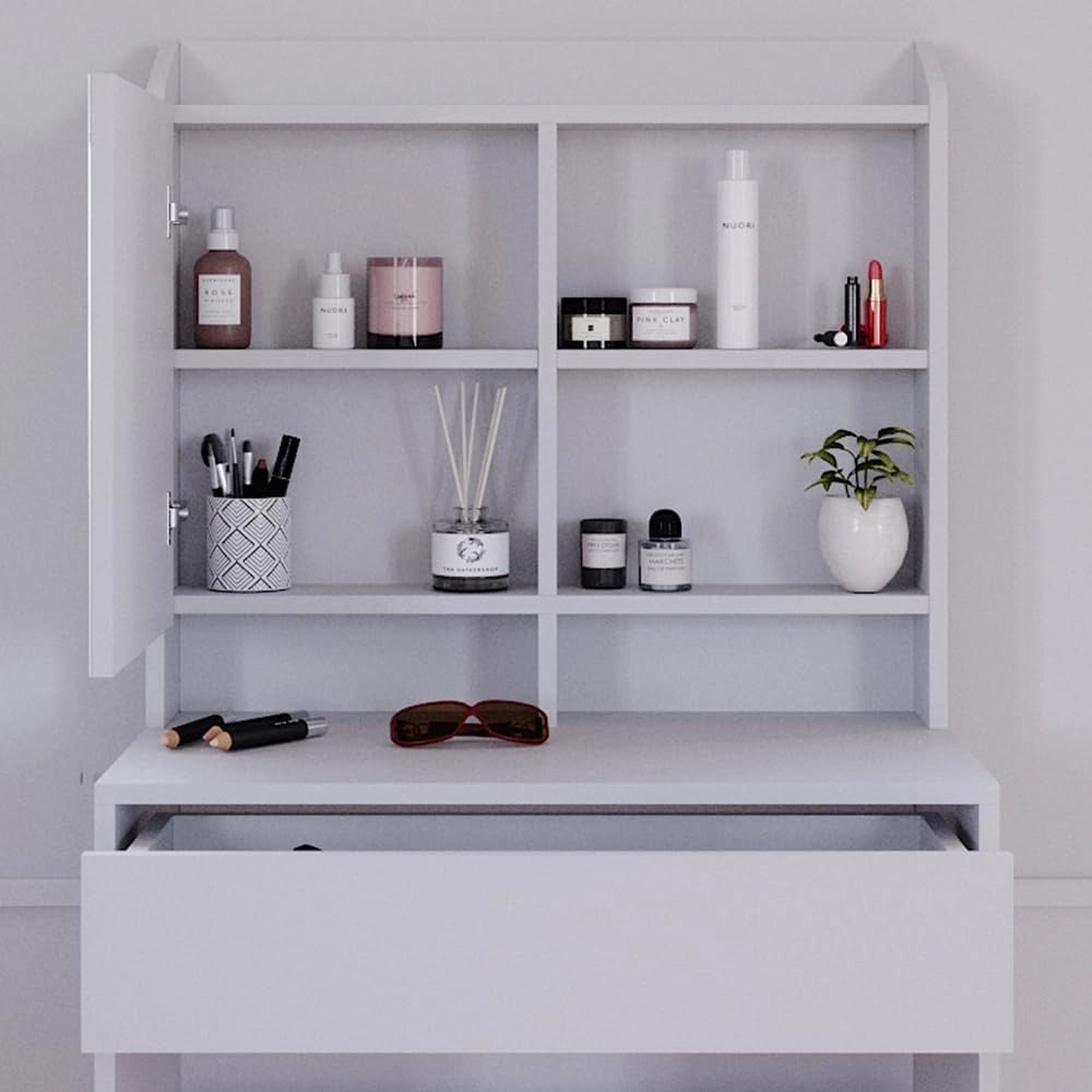 Tavolo da toeletta Laura, Bianco, 70 cm con illuminazione LED e sgabello, Luce integrata – non è necessaria una lampada da tavolo aggiuntiva