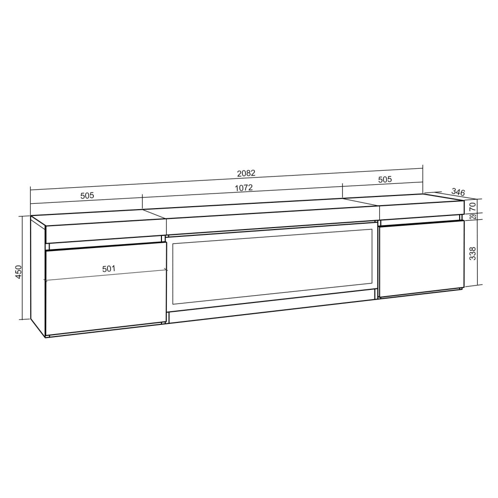 Mobile TV Soggiorno, 208x35x45cm, Per TV fino a 80", Camino elettrico XXL, da appendere, colore Rovere e nero RF3271