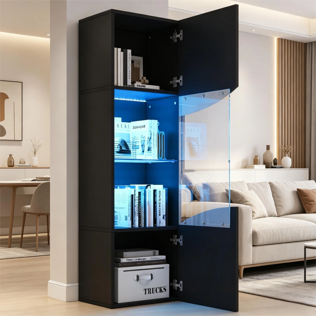 Vetrina con 4 ripiani e LED - per soggiorno - in truciolare e vetro - 35x50x165 cm - nero