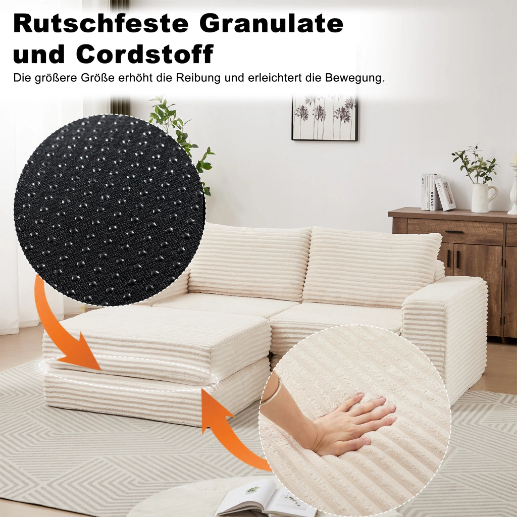Divano letto modulare con pouf removibile e braccioli quadrati configurazione flessibile in velluto a coste beige