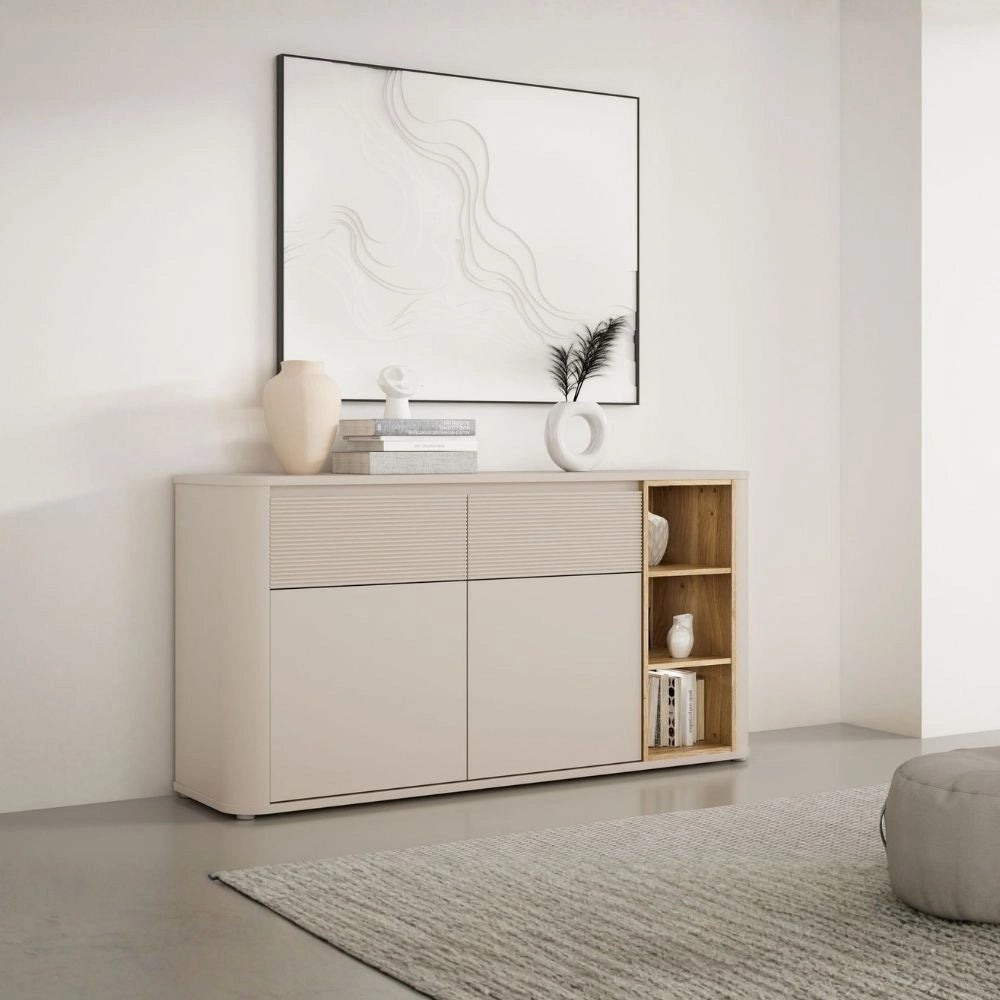 Madia Origin Core 2 ante 2 cassetti con vani a giorno 160 cm cashmere e dettaglio rovere