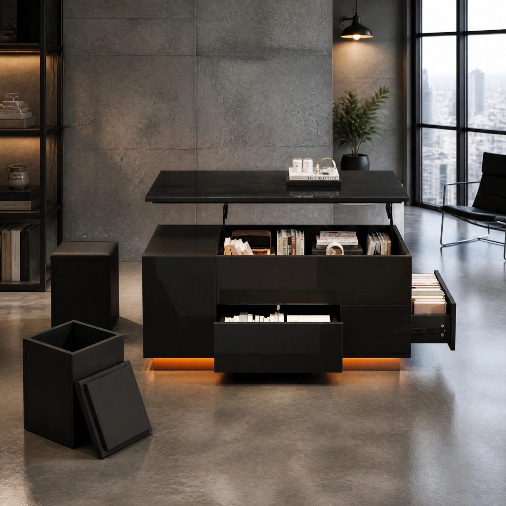 TAVOLINO DA SALOTTO Sollevabile 100 x 50 x 45 cm Nero Lucido con LED e 2 sgabelli