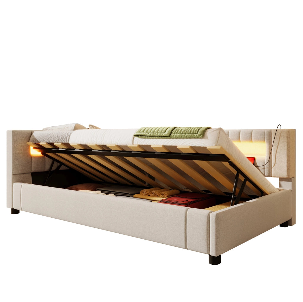 Letto a scomparsa con LED, porte USB e contenitore idraulico 90x200 cm beige