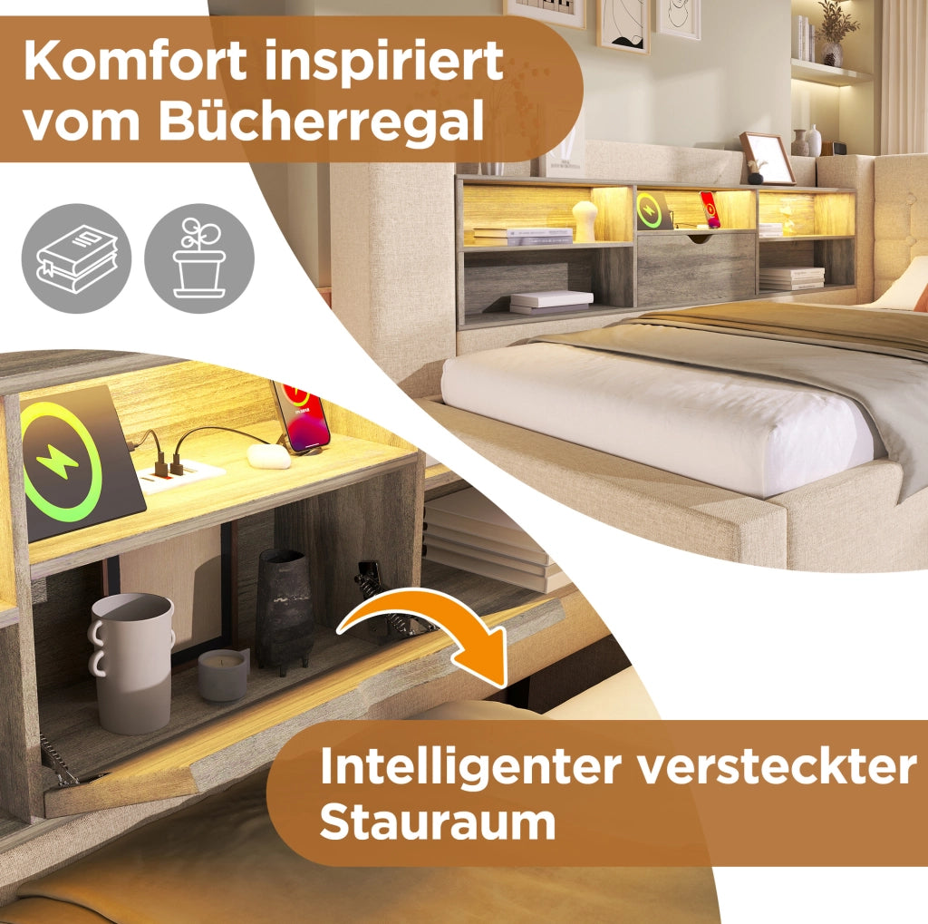 Letto singolo 90x190 cm con LED, vano contenitore e prese USB, beige