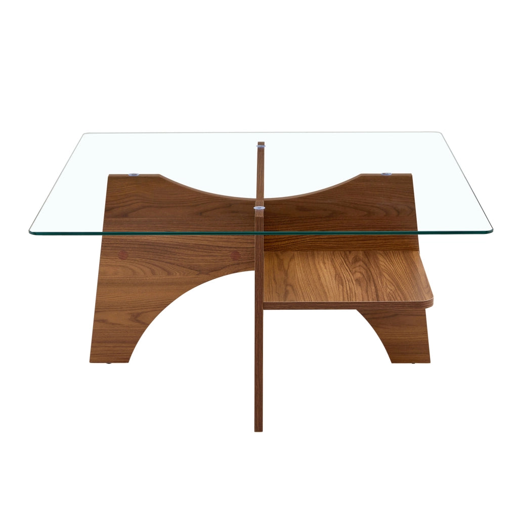Tavolino 80x80x40 cm con piano in vetro temperato; struttura in MDF effetto noce