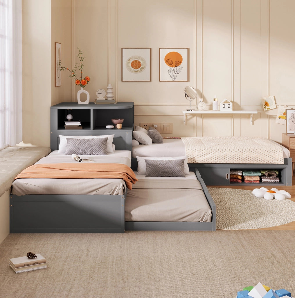 Letto singolo 90x200 cm con letto estraibile; contenitore con ante scorrevoli e luce notturna; grigio