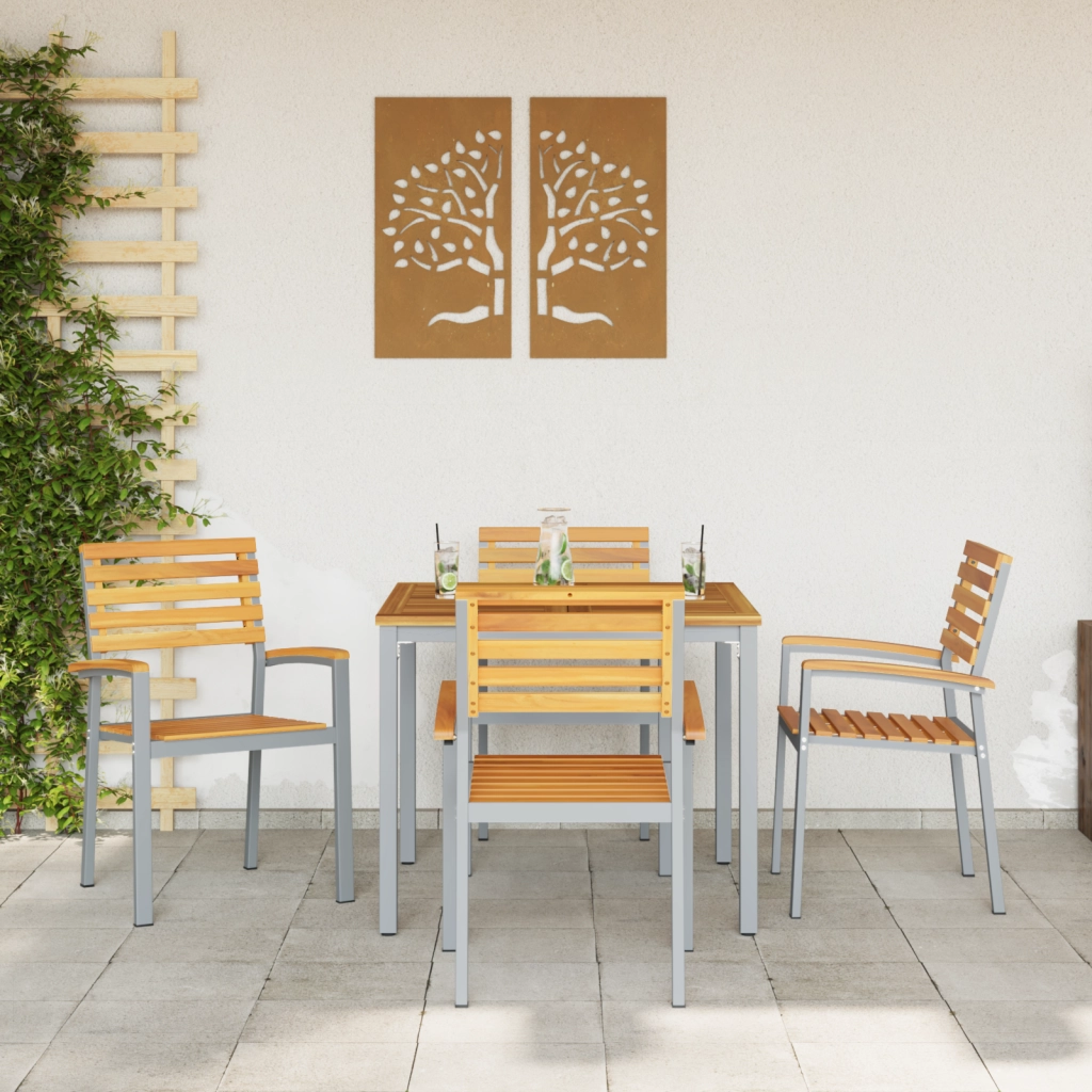 Set di 4 Sedie da Giardino Grigie in Legno Massello di Acacia e Acciaio