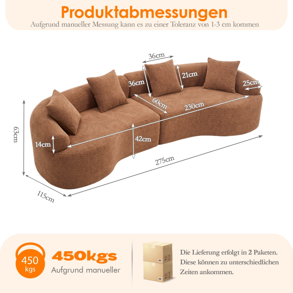 Divano ad angolo modulare 4 posti in chenille con design curvo e comfort elevato per soggiorno, color caramello