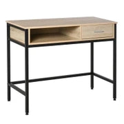 Scrivania con Cassetto e Ripiano, Stile Industriale, Scrivania per Computer, Struttura in Metallo Nero, Piano in Legno Rovere Chiaro