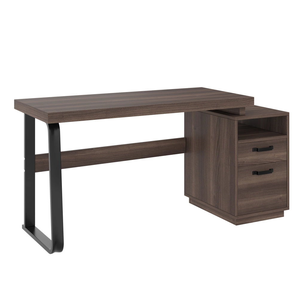 Scrivania moderna 135 x 54 cm con piano in MDF e struttura in metallo, finitura marrone, con vano aperto e cassetto silenzioso