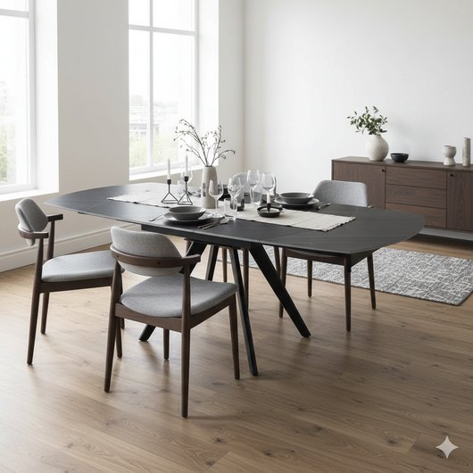 Tavolo Allungabile Piano Rotante 140-180x90x77 cm in Ceramica Effetto Marmo Nero