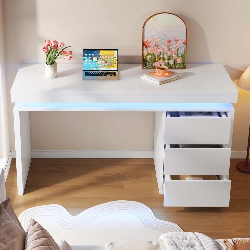 Scrivania con LED multicolore, 3 cassetti e piano ampio, per home office, in MDF bianco, 120 × 50 × 78,5 cm