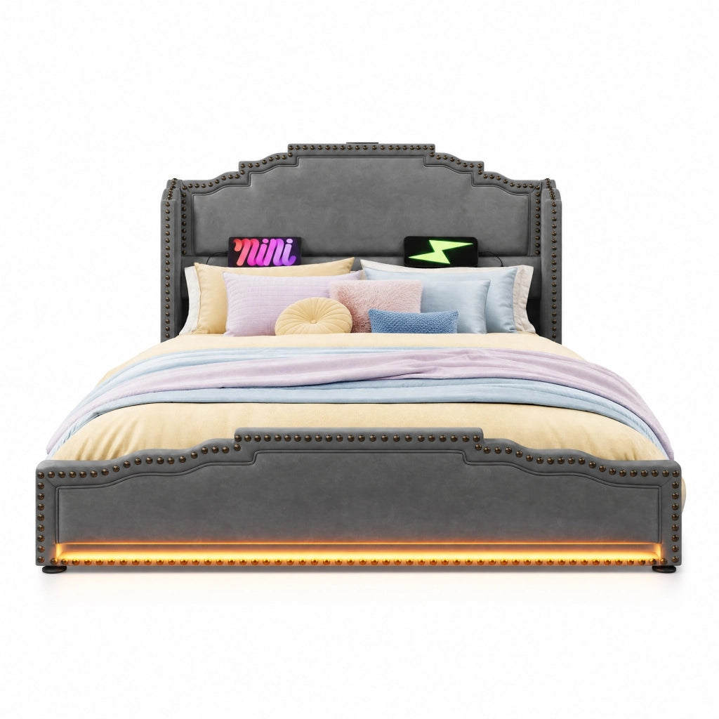 Letto imbottito 140x200 in velluto grigio con LED; USB-C e 4 cassetti