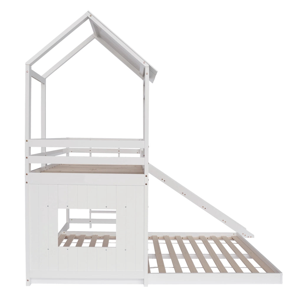 Letto a castello con scivolo, design a casetta, con scala laterale e protezioni di sicurezza