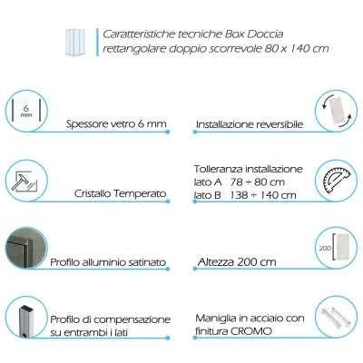 Box doccia angolare 80x140 cm doppio scorrevole in cristallo trasparente Ted